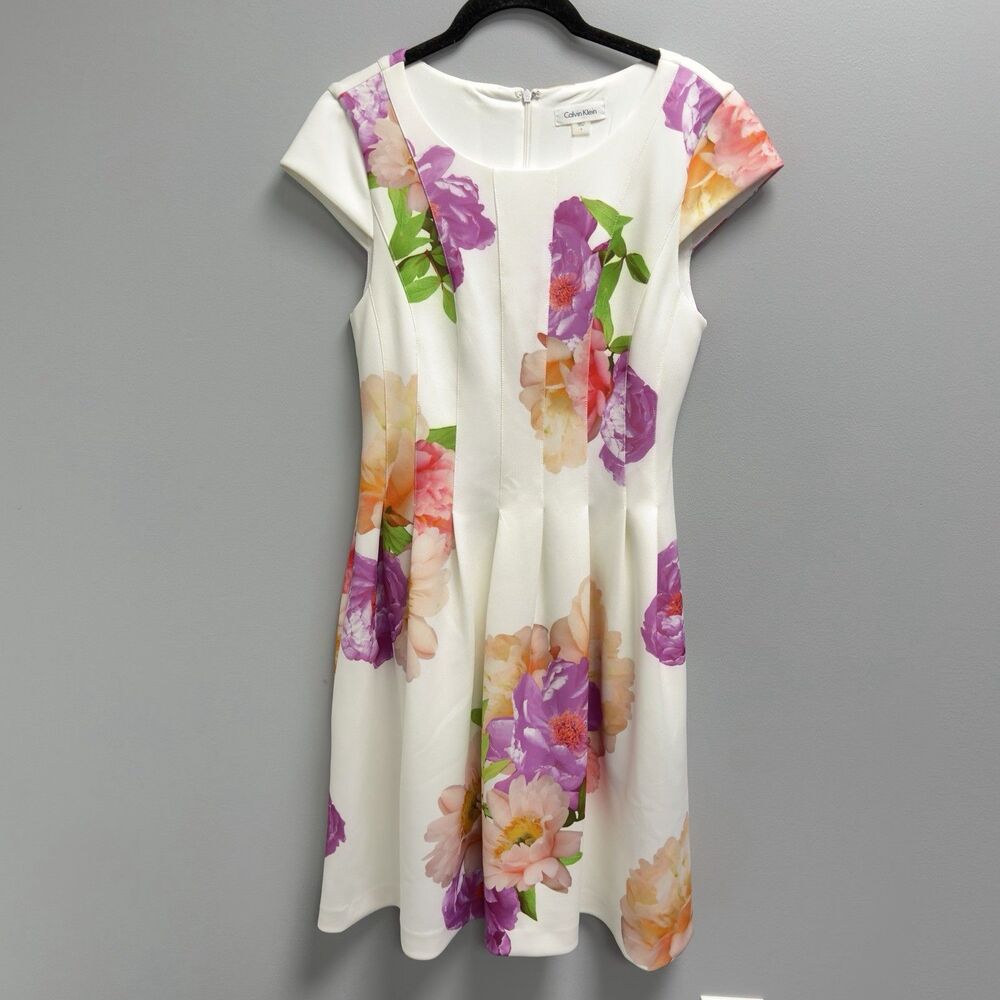 Calvin Klein Women Size 6 Floral Fit Flare Dress White Pink Purple Spring Easter